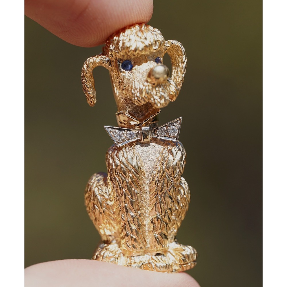Vintage 14k Sold Yellow Gold Natural Blue Sapphire & Diamond Poodle Pin Brooch